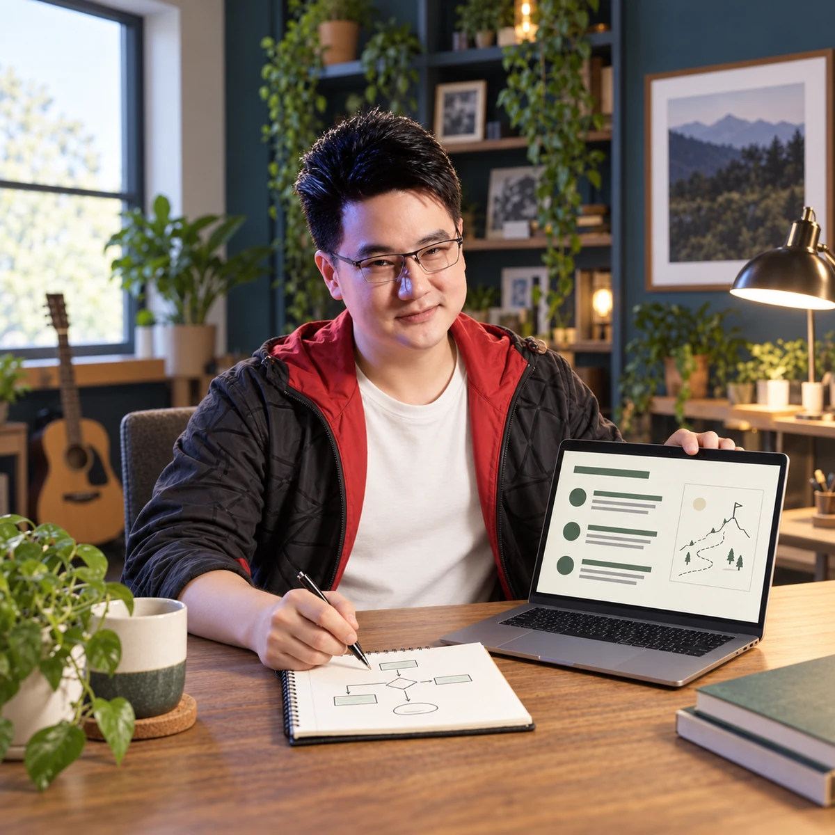 ภาพสร้างด้วย AI อ้างอิงทีมในแจ็คเกตดำแดงกับเสื้อขาว กำลังช่วยต่อยอดงานที่โต๊ะทำงาน