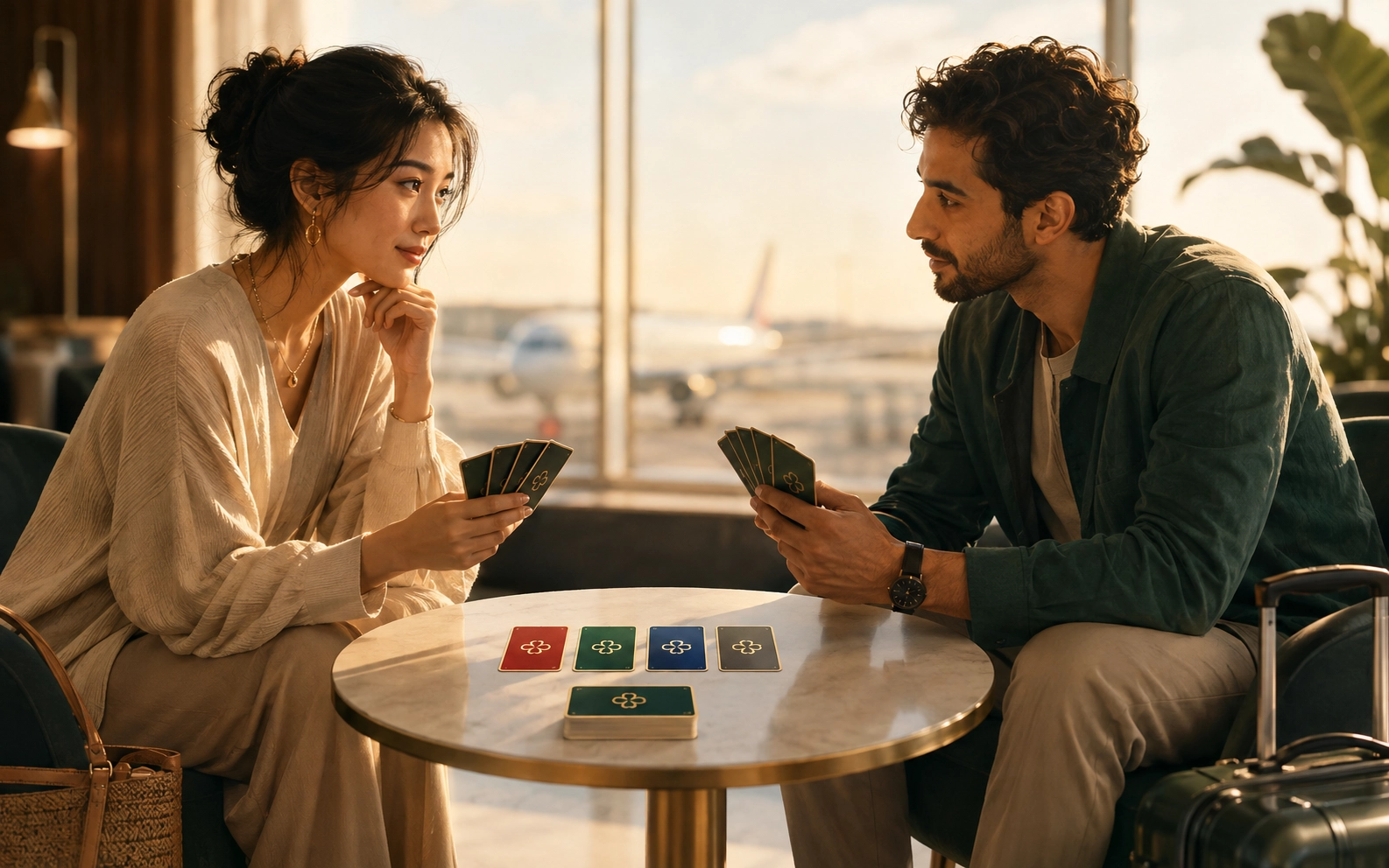 Two strangers play myClover while traveling before sharing a spoken language.