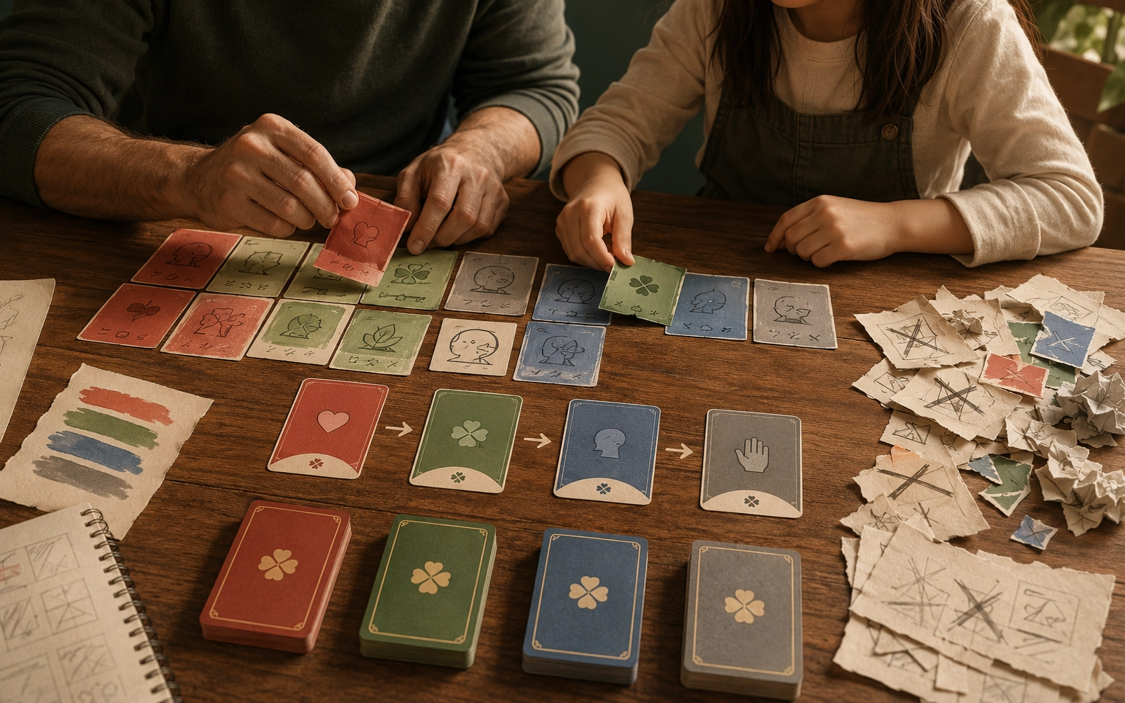 A father and his 6-year-old daughter discover CORE7 with hand-drawn paper cards.