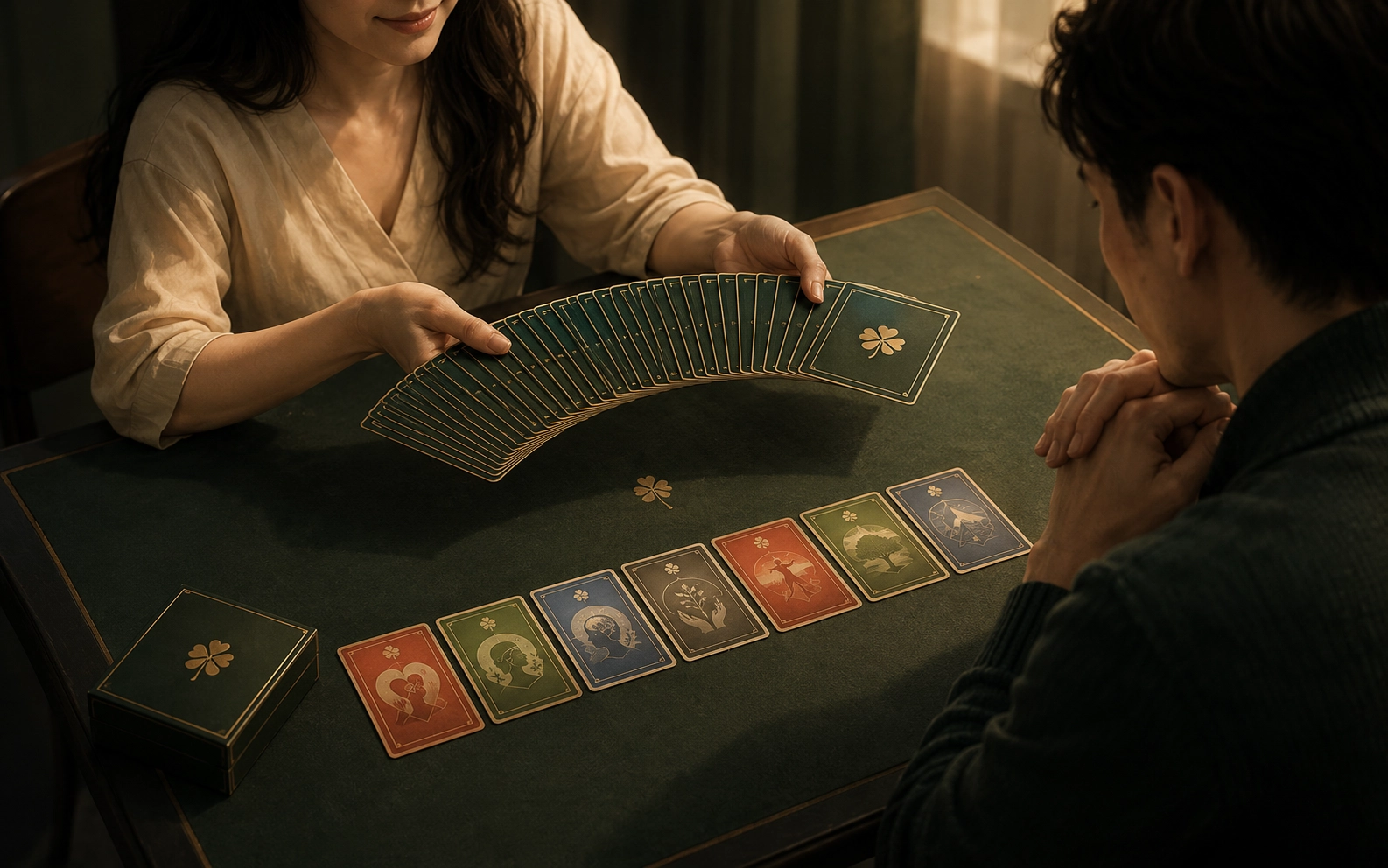 One player holds seven chosen cards and offers the remaining cards to another person.